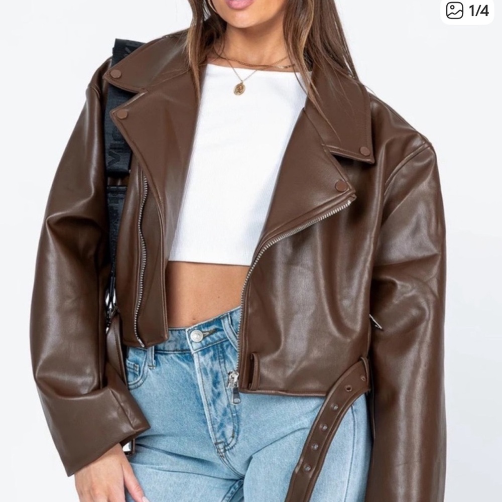 Lioness Chocolate Brown Faux Leather Biker Jacket